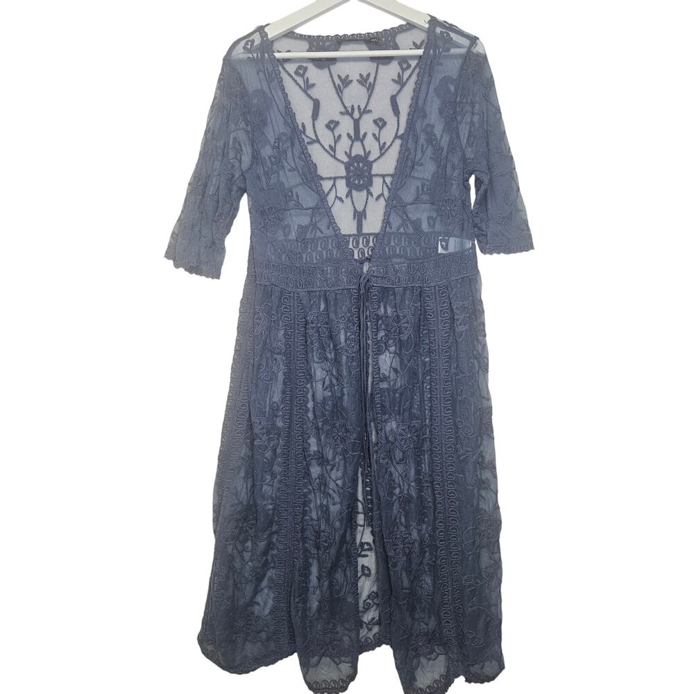 Doe & Rae Blue Lace Cardigan Longline Short Sleeve Duster Small Swim Cover Up